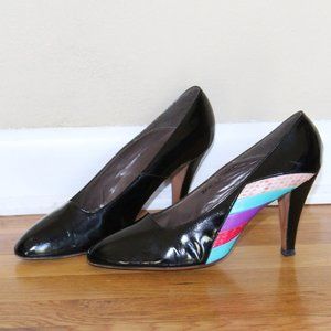Vintage Bill Valentine Black Leather Rainbow Stripes Heels Pumps Women's 8.5 M